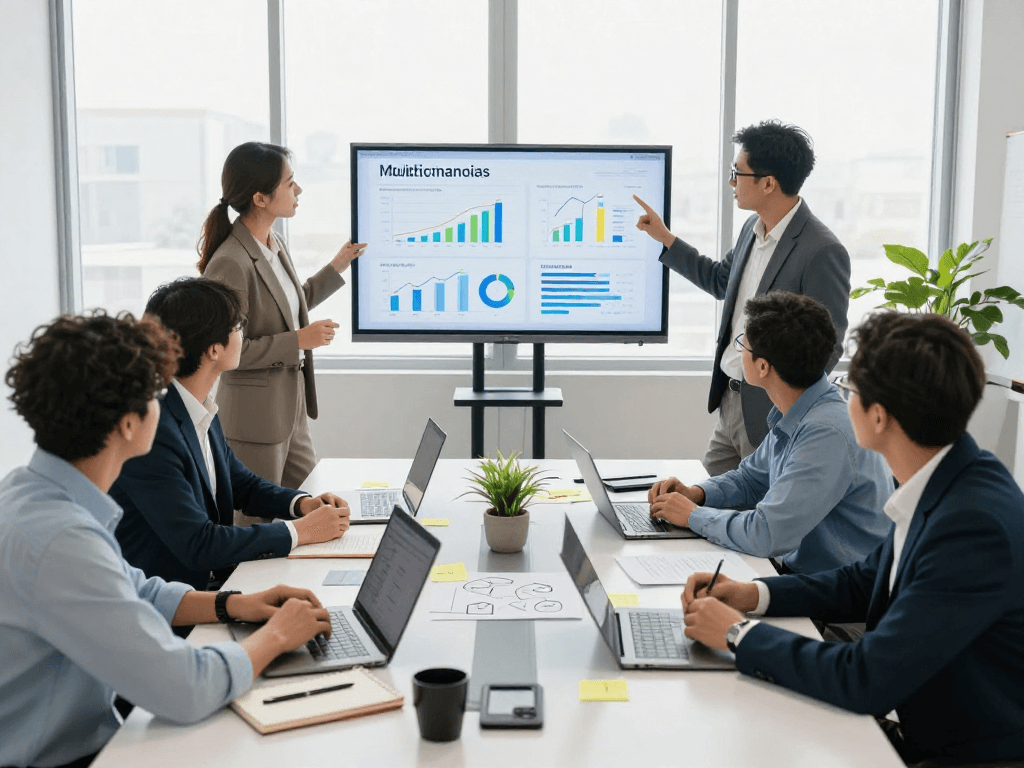 Equipe discutindo estratégia multicanais em ambiente profissional iluminado.