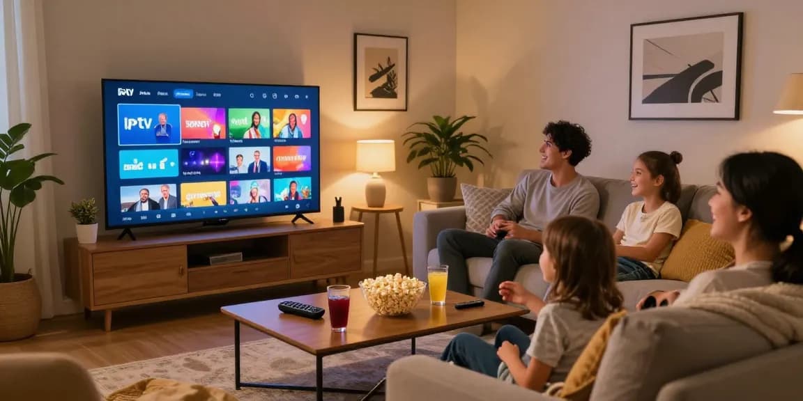 Família desfrutando de IPTV na sala de estar, assistindo TV e interagindo