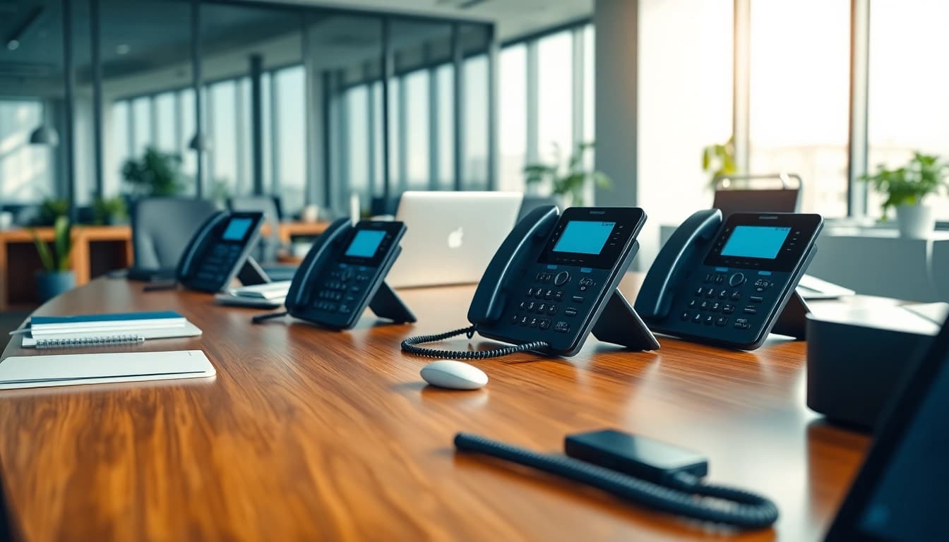 Showcase a sleek business phone setup enhancing workplace efficiency in a modern office.