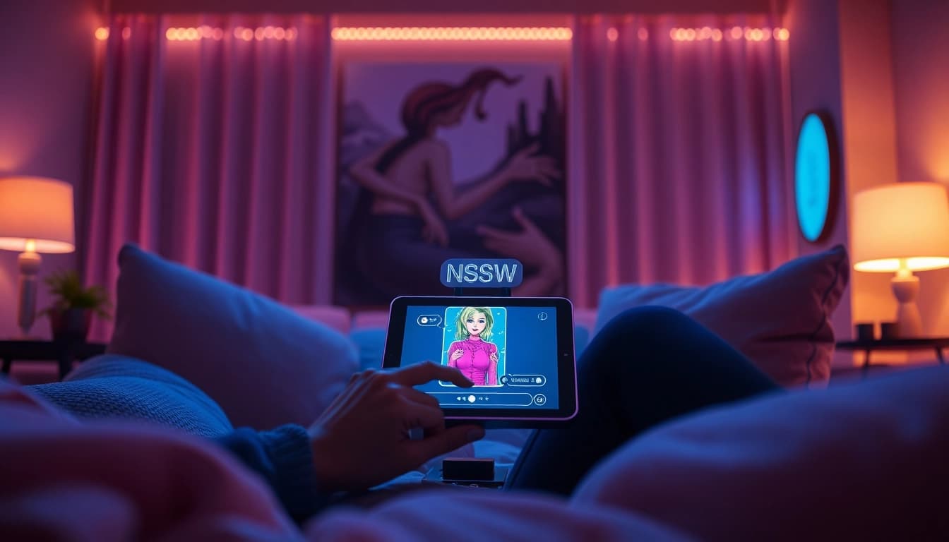 Engaged user chatting with an NSFW chat bot on a modern tablet in a cozy atmosphere.