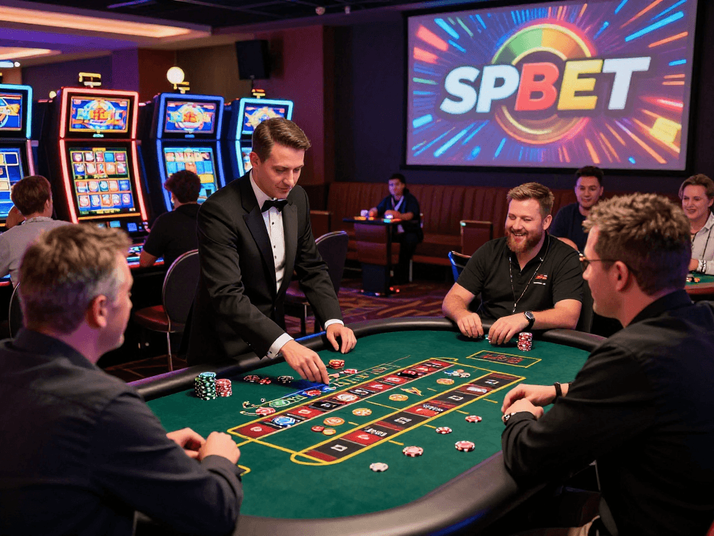 Jogadores se divertindo na SPBET com mesas de aposta e slot machines em um cassino vibrante.