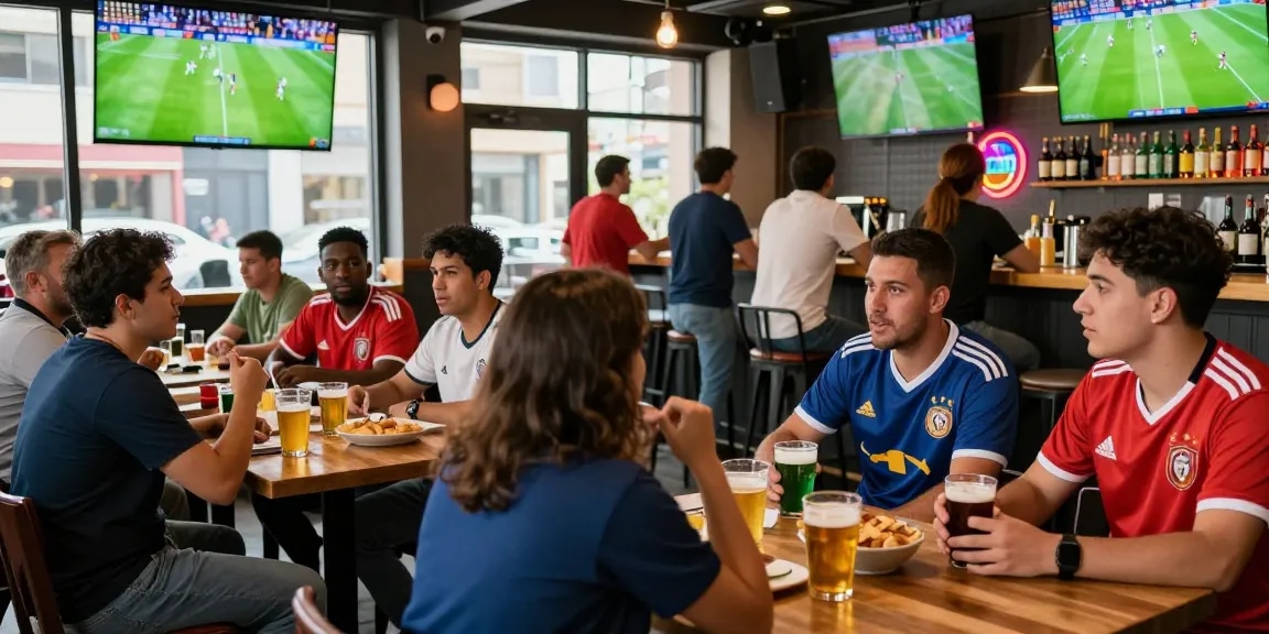 Fans enjoying live football matches with Multicanais at a lively sports bar.