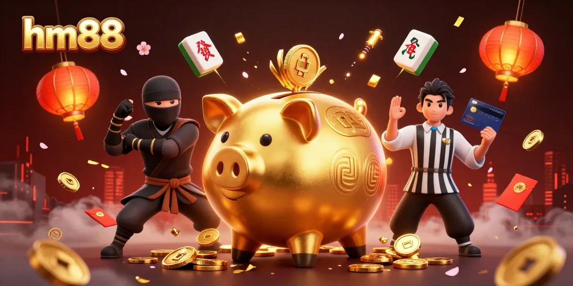 Engage in thrilling slots at hm88 with an enormous golden piggy bank, symbols of luck, and vibrant atmosphere.