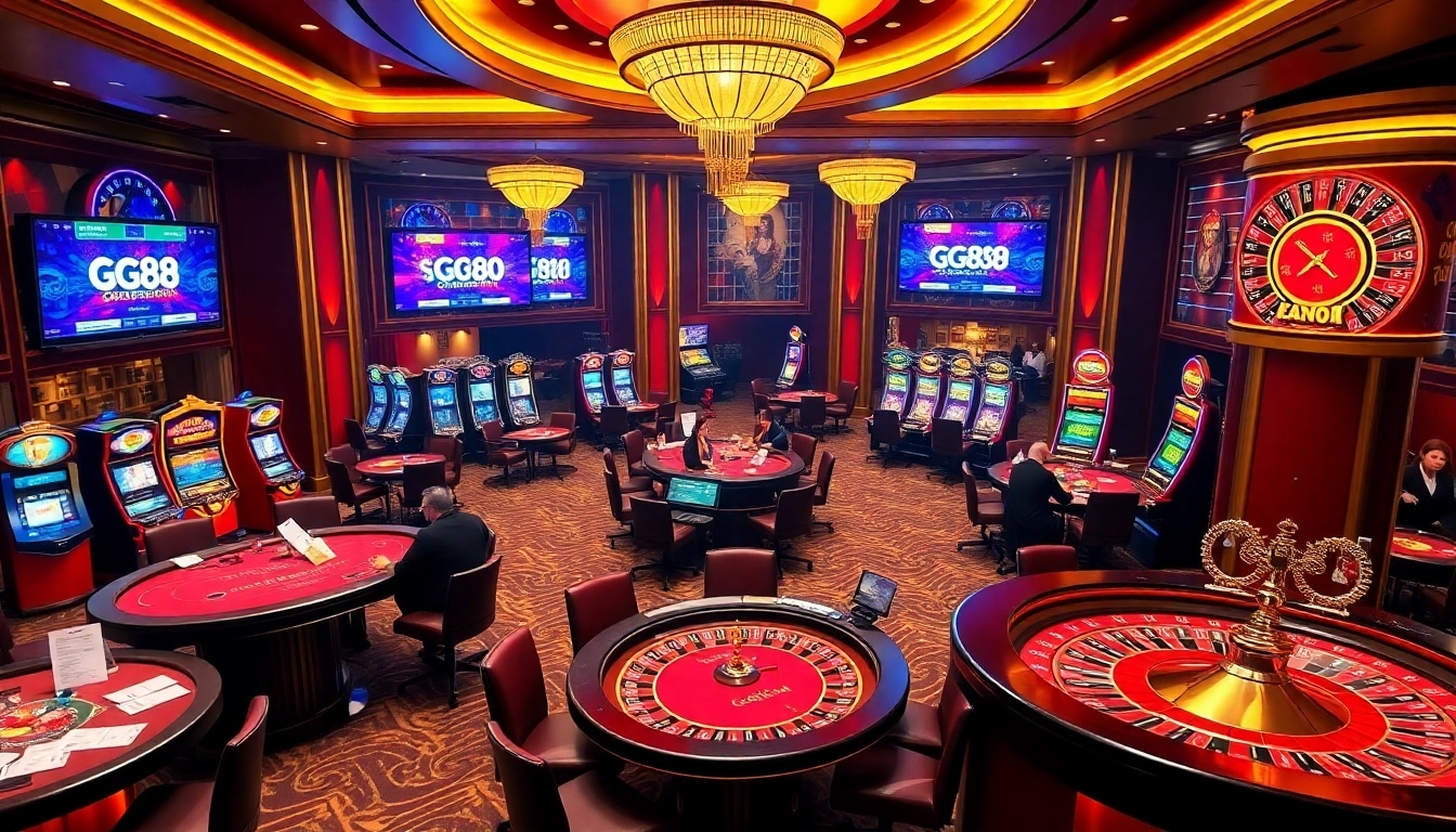 Engaging GG88 online gaming scene with vibrant casino elements and players at tables.
