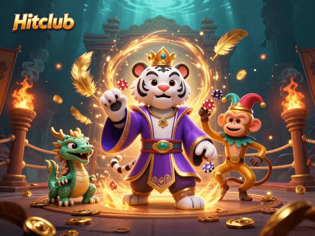 Hitclub brings luck as a cartoon tiger, monkey, and dragon celebrate exciting casino games.