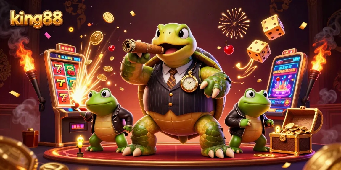 king88 brings excitement with a vibrant casino scene, featuring a turtle and bullfrog characters.