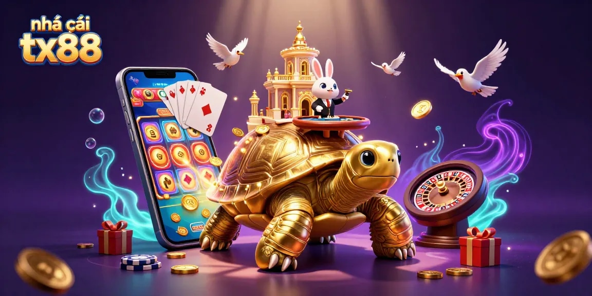 nhà cái tx88 showcases a vibrant casino scene with golden tortoise and playful rabbit dealer.