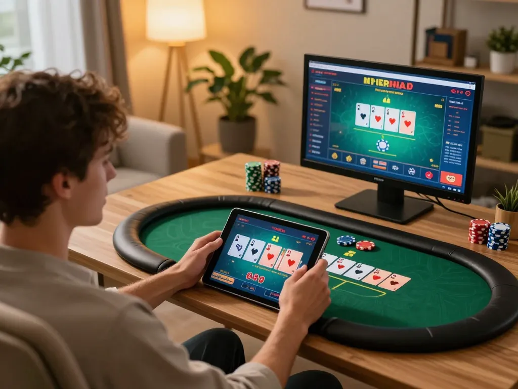 Engaged player uses tablet for casino gaming at home, highlighting 27G and strategic play.