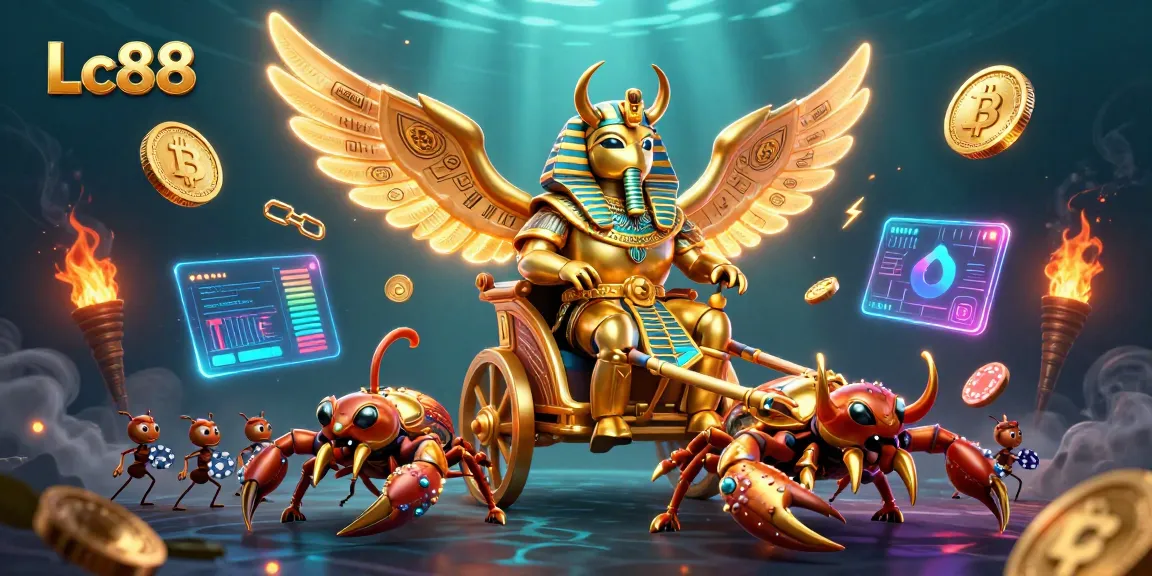 Engage with Lc88, featuring vibrant casino elements like scorpions, golden beetles, and crypto coins in thrilling 3D art.