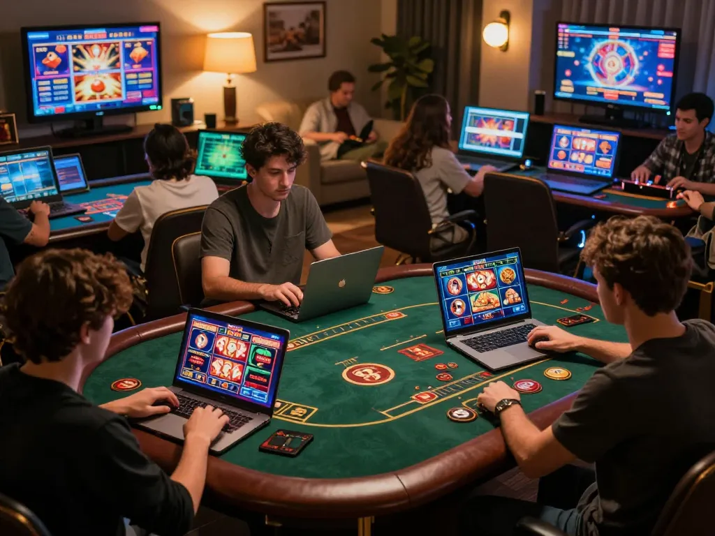 Players engaging in mk8 online gambling on laptops, showcasing various games and strategies.