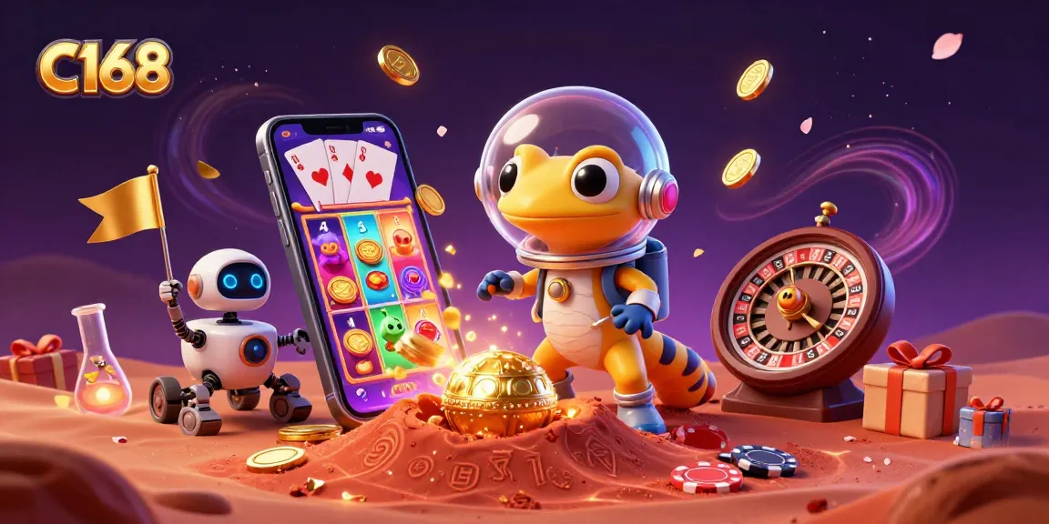 C168 elevates the casino experience with a vibrant Martian scene showcasing exciting gaming elements and golden rewards.
