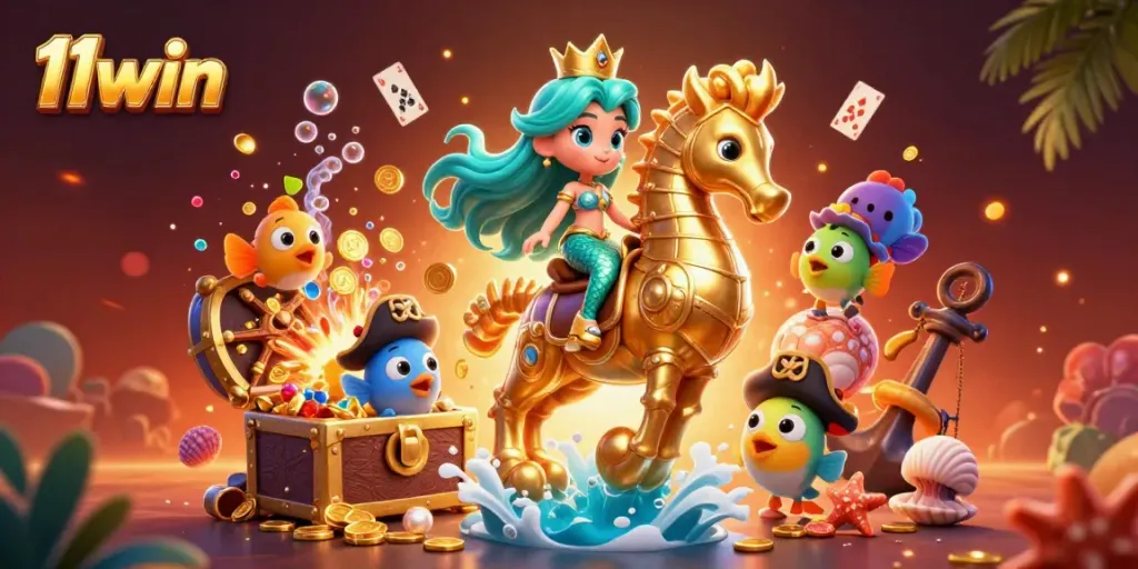 Experience the thrill of 11win with a vibrant underwater casino scene featuring a mermaid princess and her seahorse companion.
