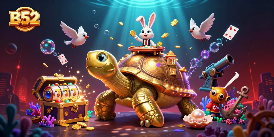 B52 casino entertainment scene with a golden tortoise and a rabbit dealer amidst vibrant game elements.
