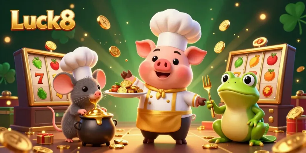 Luck8 offers a vibrant casino environment with gourmet gold coins served by a chef pig.