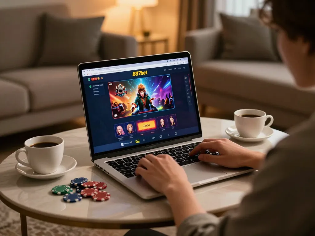 Jogador aproveitando a experiência de jogos online com a interface da 887bet e fichas de cassino na mesa