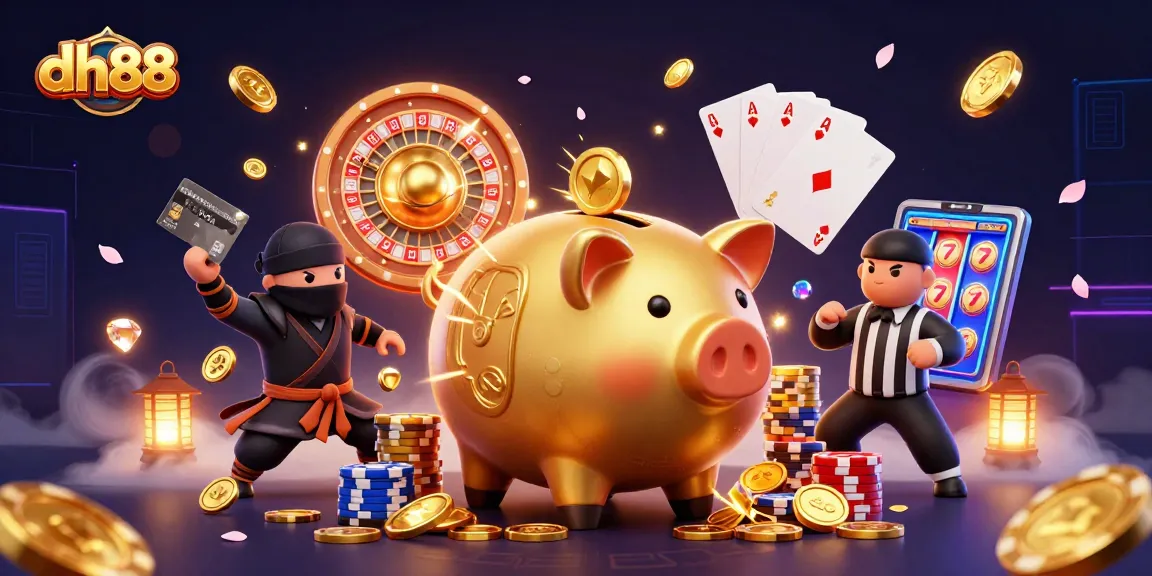 Win with dh88 in a vibrant casino scene featuring a golden piggy bank sumo wrestler.