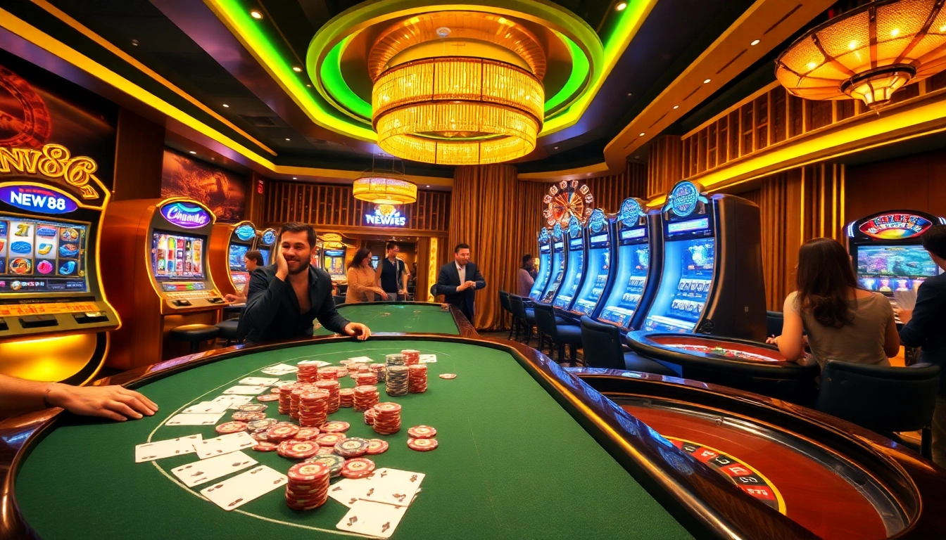 Experience the thrill of NEW88 with energized players at a luxurious casino table full of action.