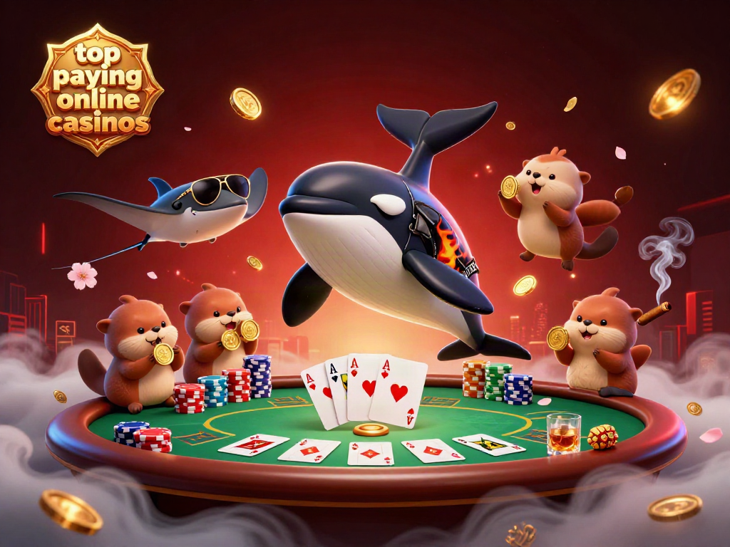 Celebrate winning at top paying online casinos with a vibrant 3D illustration of dynamic marine characters and casino elements.