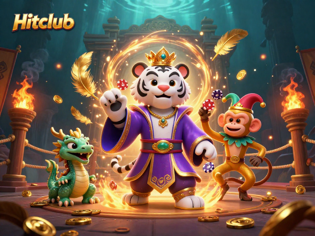 Hitclub brings luck as a cartoon tiger, monkey, and dragon celebrate exciting casino games.