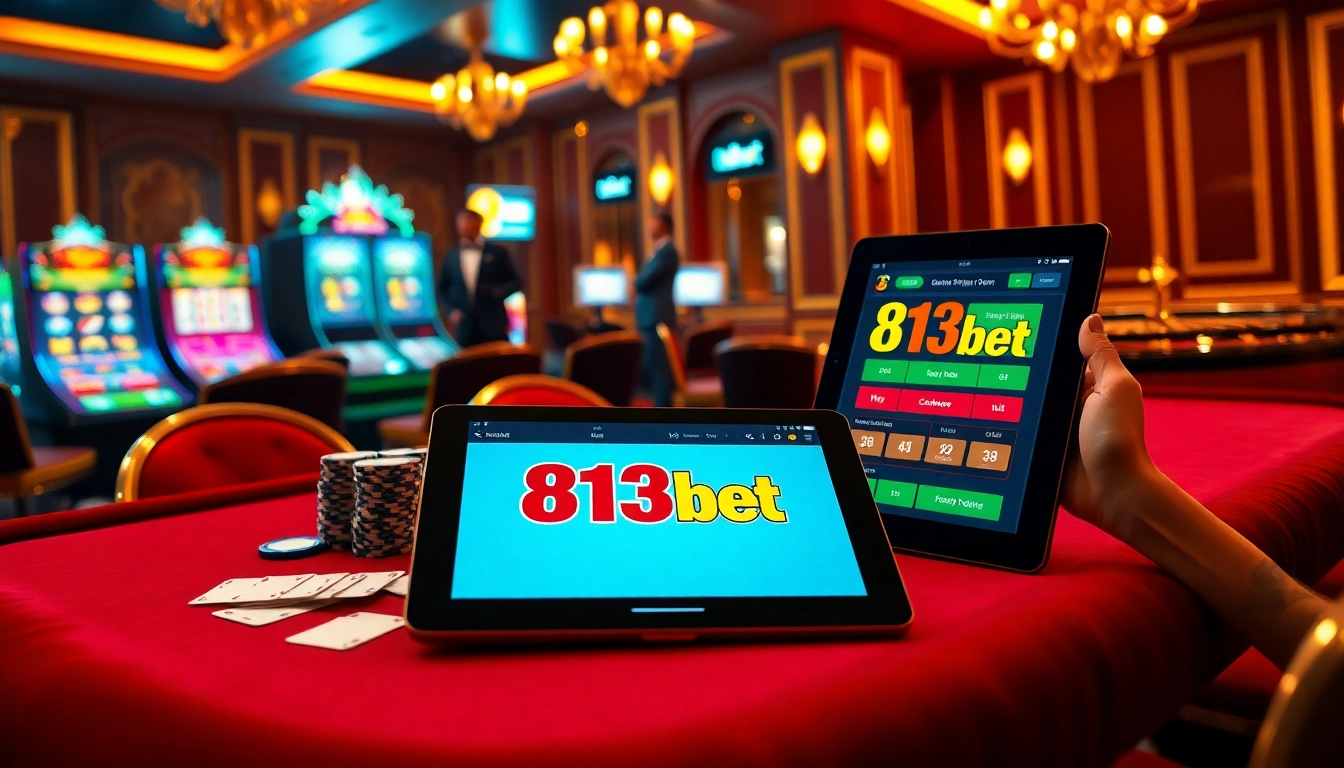 Jogadores aproveitando um jogo emocionante na 813bet, com mesas de cassino e fichas.