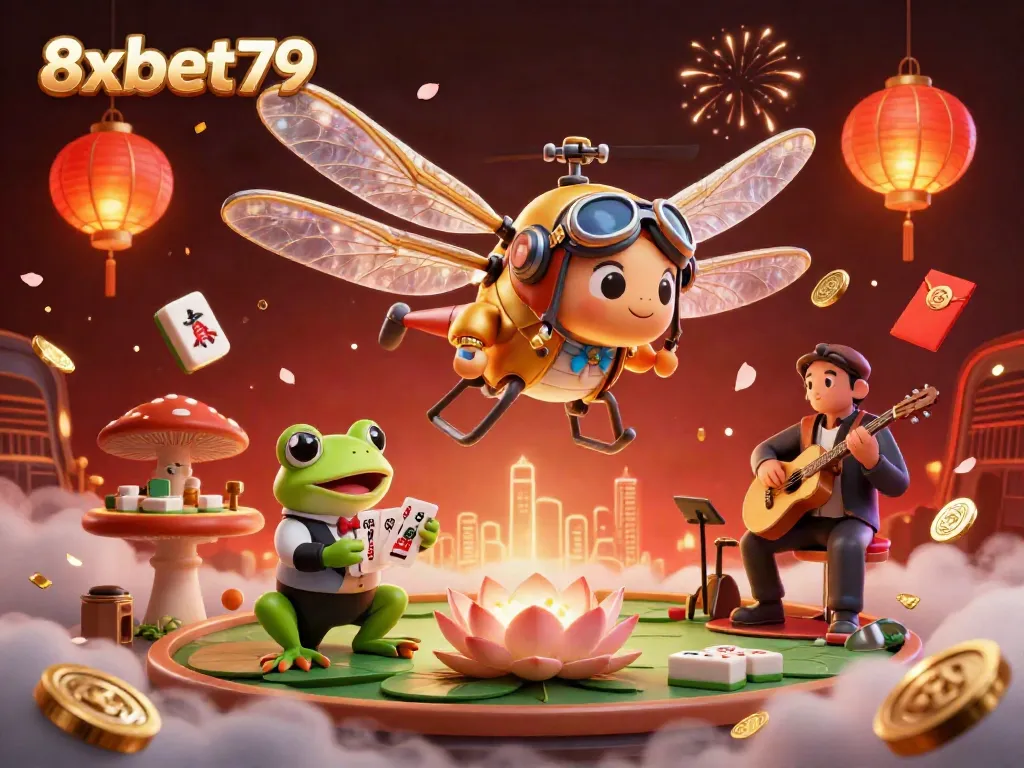Experience thrilling action at 8xbet79 with a dragonfly pilot above a lily pad casino and frog croupier, vibrant gaming elements surrounding.