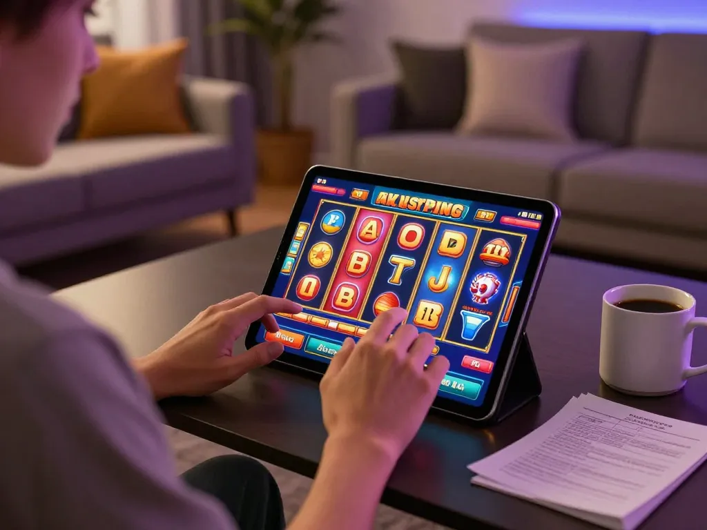 Player enjoying JJNN link while spinning reels on a tablet in a cozy home environment