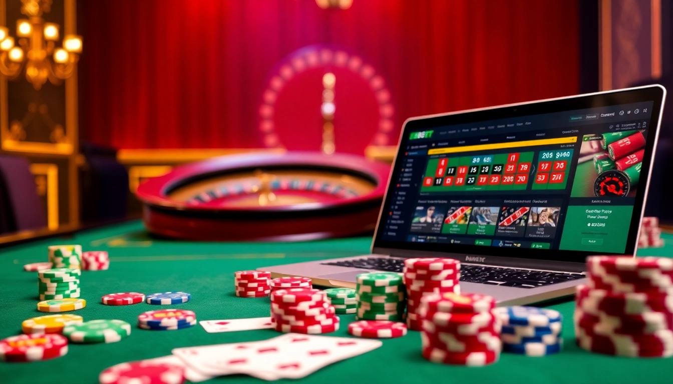 Exciting casino scene highlighting F8BET with poker chips, cards, and online betting interface.