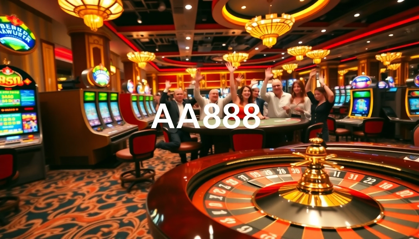 Jogadores vencendo em jogos de cassino com promoções da AA888, transmitindo emoção e luxo.