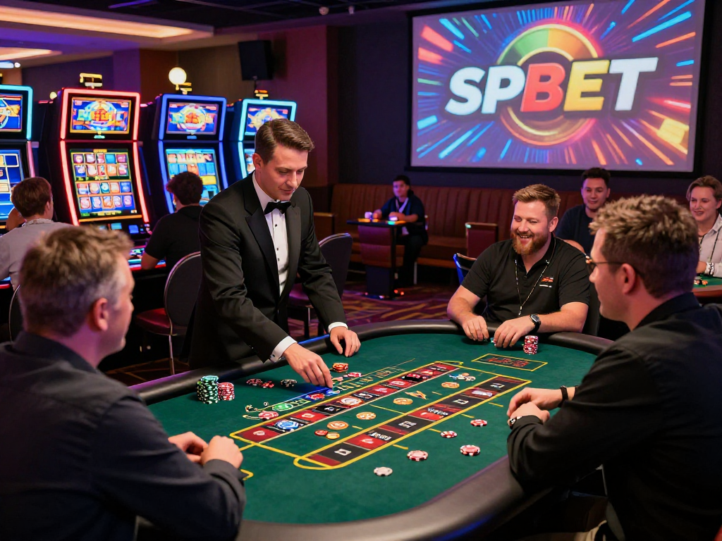 Jogadores se divertindo na SPBET com mesas de aposta e slot machines em um cassino vibrante.