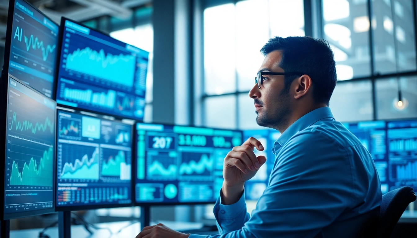 Visual representation of AI demand forecasting with a data analyst and multiple screens.