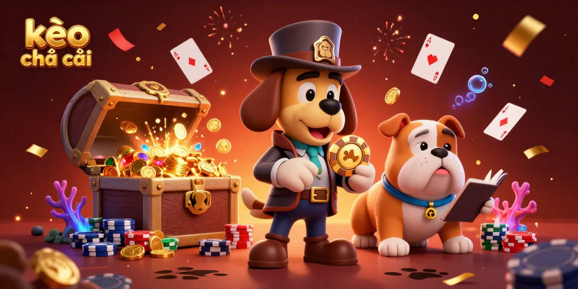 Bettors explore kèo nhà cái with a detective and bulldog uncovering poker clues amidst vibrant casino elements.