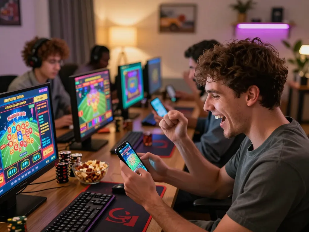 Exciting gaming experience on trang chủ Onbet with players celebrating wins in a cozy home setting.