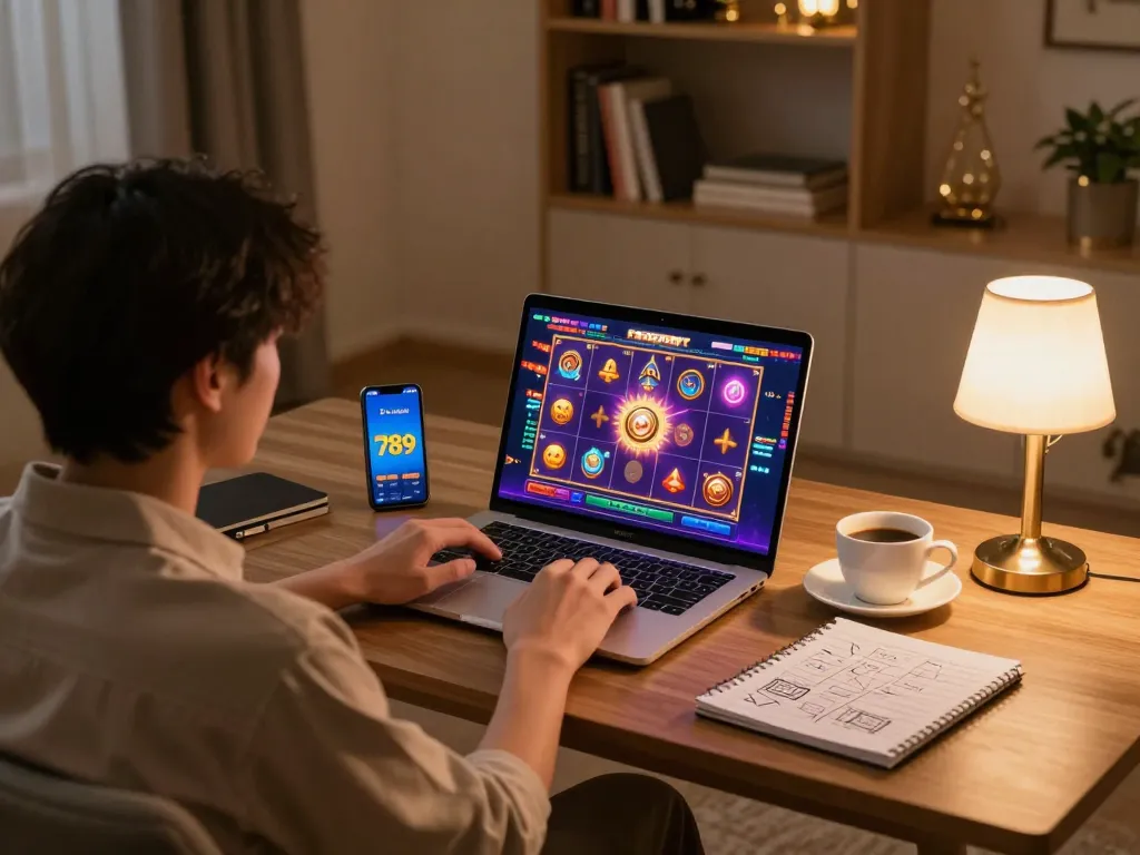 Engaging in a thrilling game on the 789 club app with a cozy home setting and vibrant slot screen.