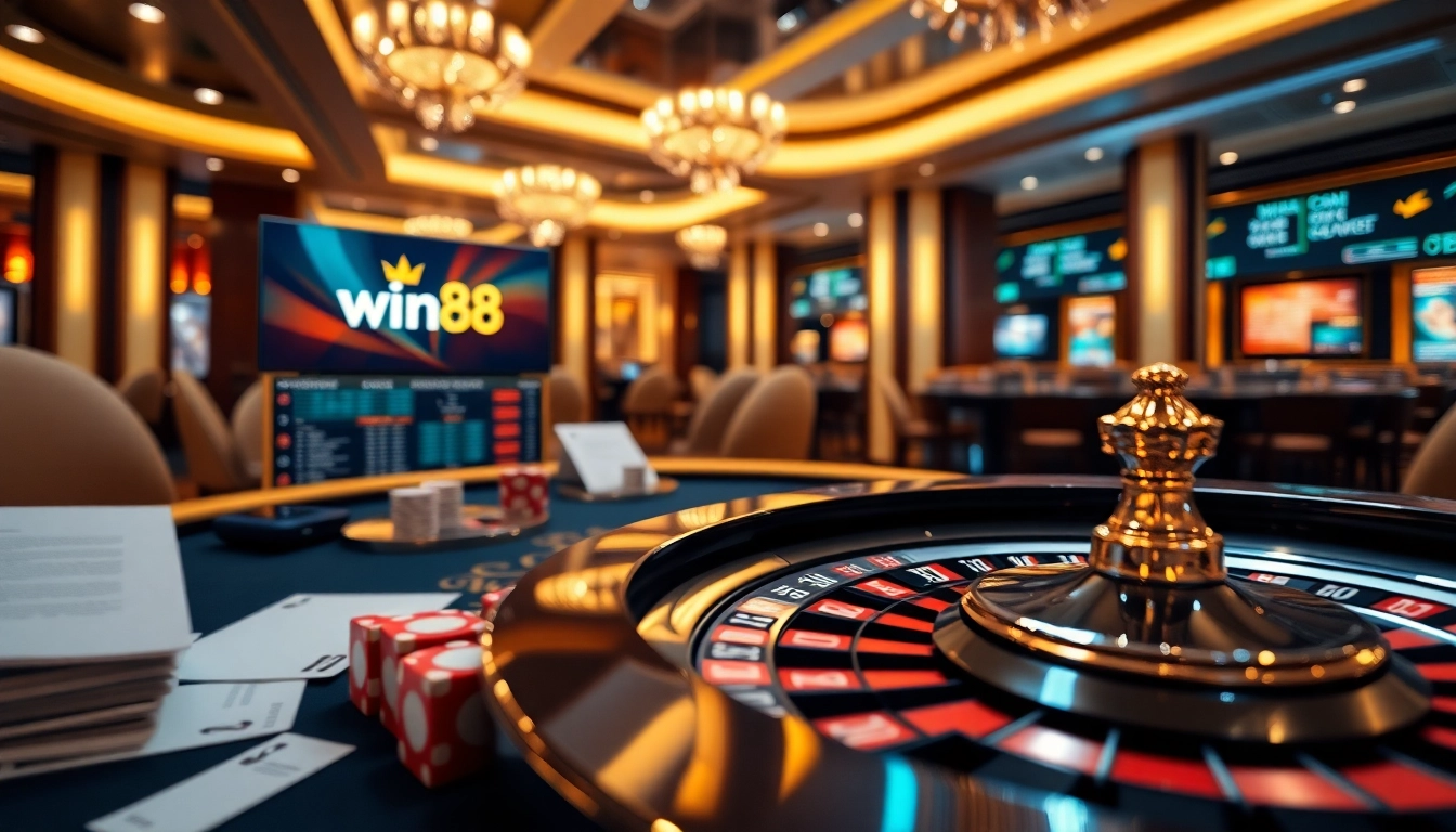 Experience thrilling gaming at Nhà cái win88 with vibrant casino tables and poker chips.