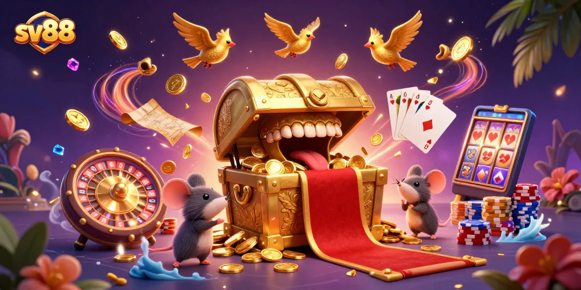 sv88 attracts adventurers with animated treasure, shimmering coins, and vibrant gambling elements