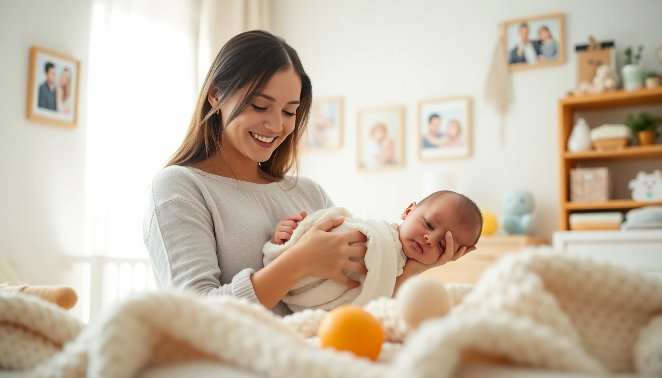 Family with new bornbaby enjoying a tender moment in a bright nursery.