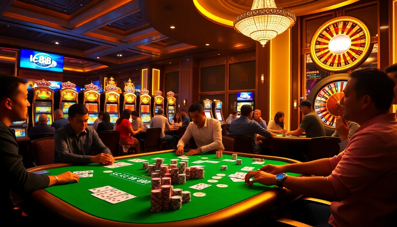 Players engaging in thrilling games at lc 88 casino, showcasing vibrant poker chips and roulette wheels.