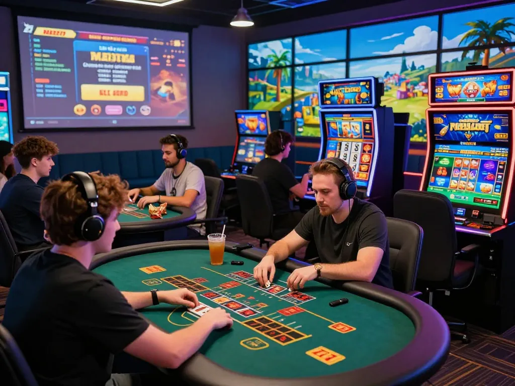 AQ777 online gaming enthusiasts engaged in blackjack and slot games, showcasing excitement and vibrant promotions.