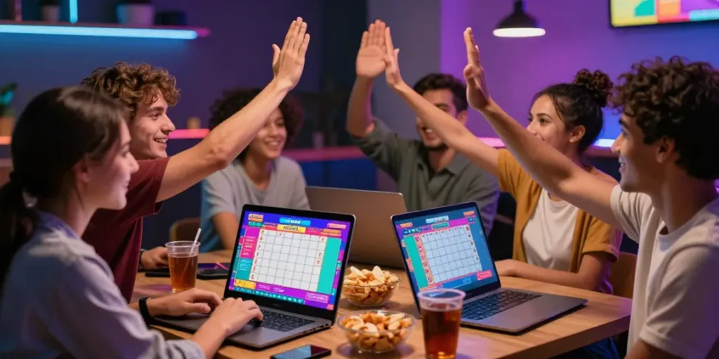 Grupo de amigos jogando Javatoto online em laptop, ambiente animado.