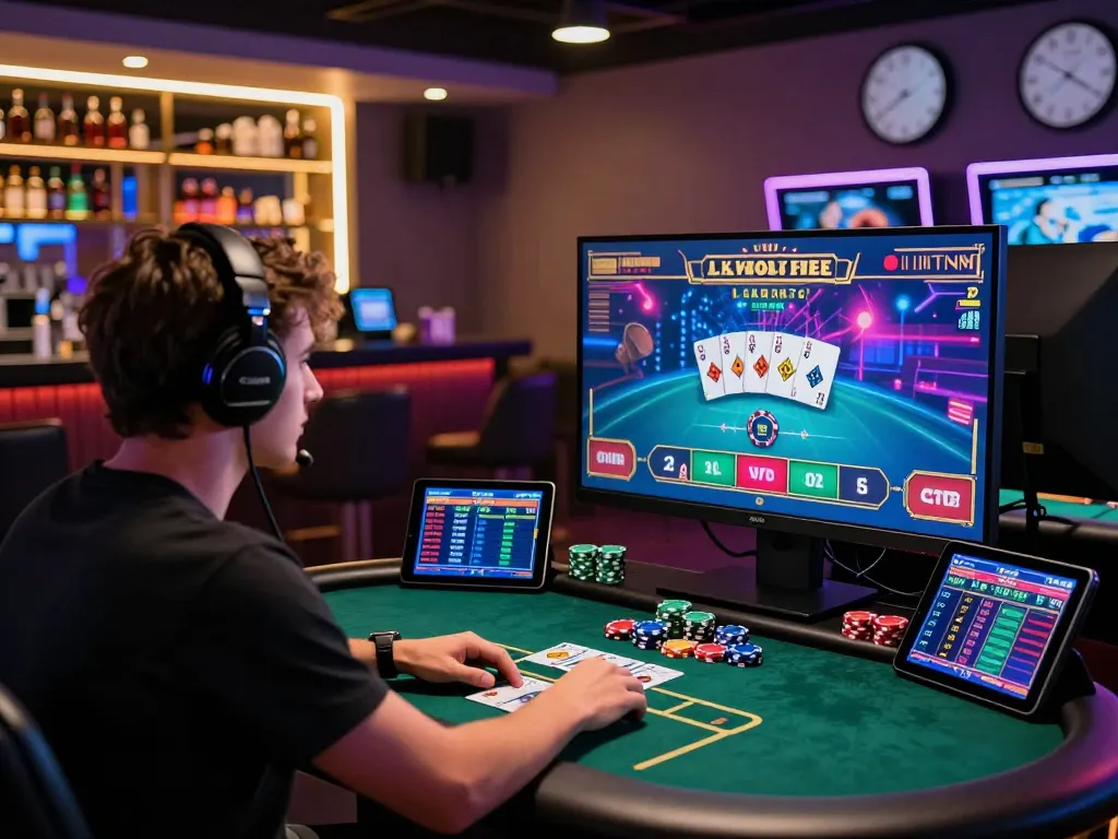 Engaged user at https://8kbett.dev/ playing interactive poker in a vibrant online casino.
