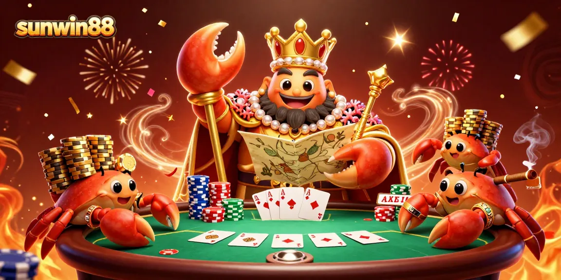 Experience the thrill of sunwin88 with a golden crab emperor leading the game at an epic poker table.