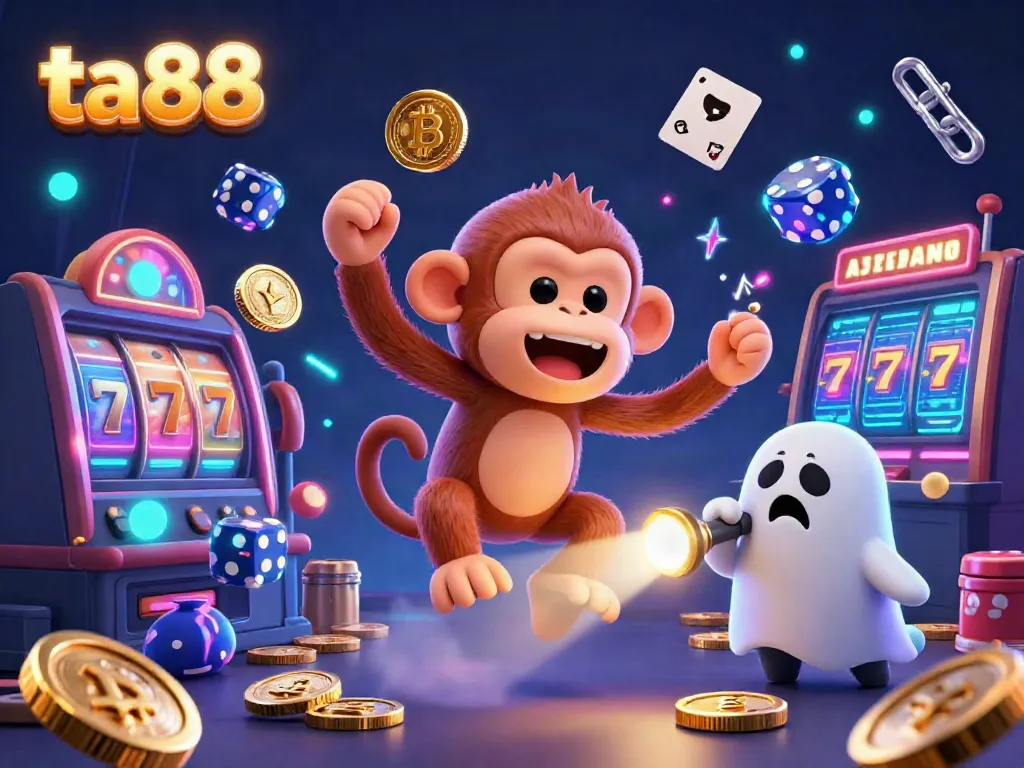 Experience jackpot thrills with ta88 as a mischievous monkey juggles golden coins in a haunted casino.