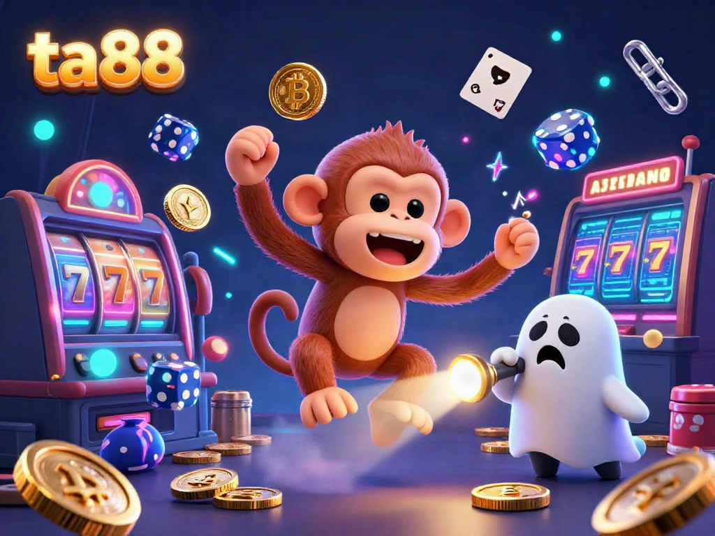 Experience jackpot thrills with ta88 as a mischievous monkey juggles golden coins in a haunted casino.