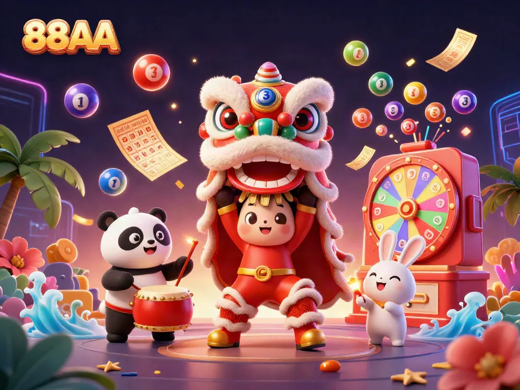 Join the fun at 88AA with vibrant lottery elements and festive characters in a dynamic casino scene.