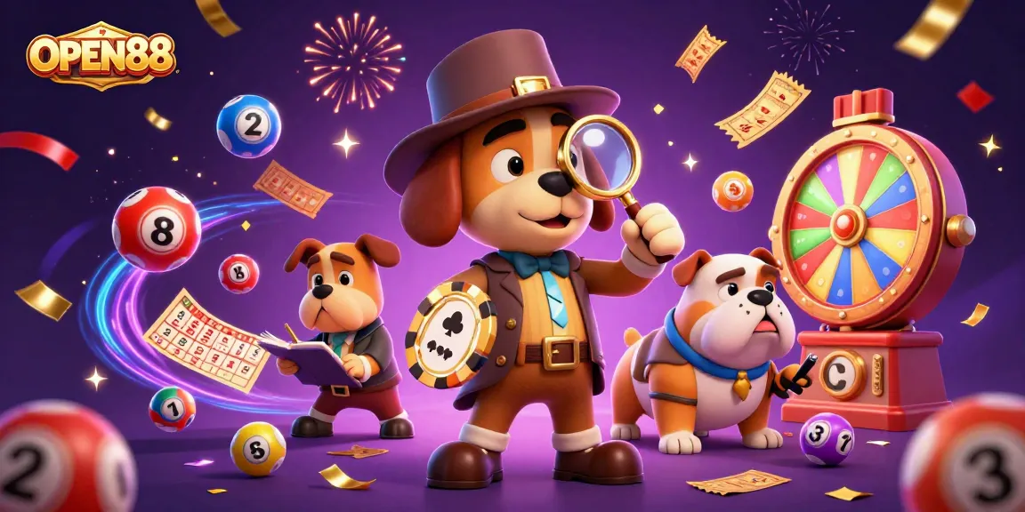 Engage in thrilling games at OPEN88 with a festive casino-themed scene featuring lottery balls and colorful prizes.