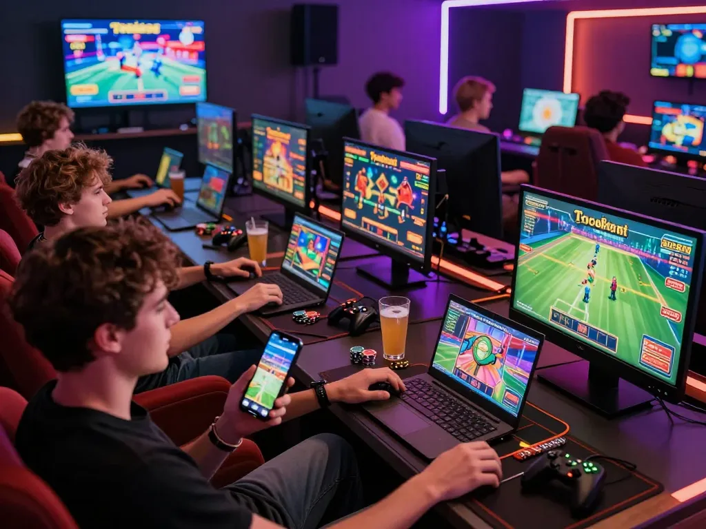 Diverse players enjoying gaming at TG88, showcasing casino and sports betting excitement in a vibrant lounge.