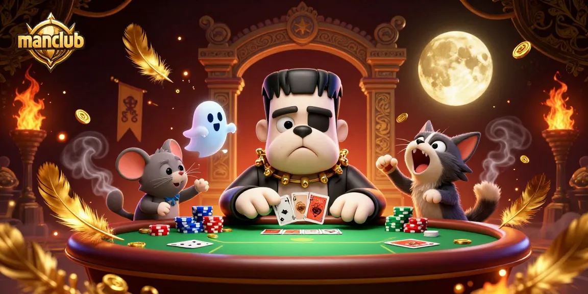 Engage in thrilling poker action at Manclub with a vibrant scene featuring unique characters and gaming elements.