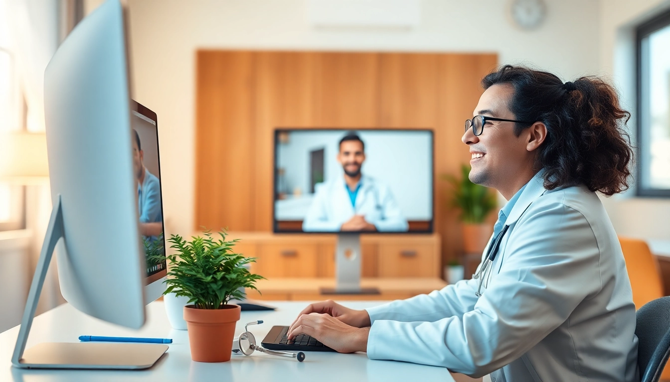 Talk to a doctor online without appointment during a virtual consultation in a cozy office.