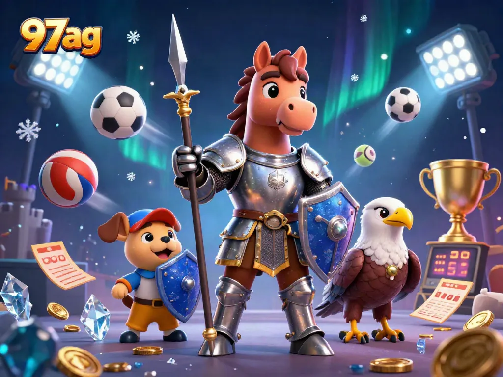 Betting at 97ag: Explore thrilling sports action featuring a knight, puppy, and falcon.