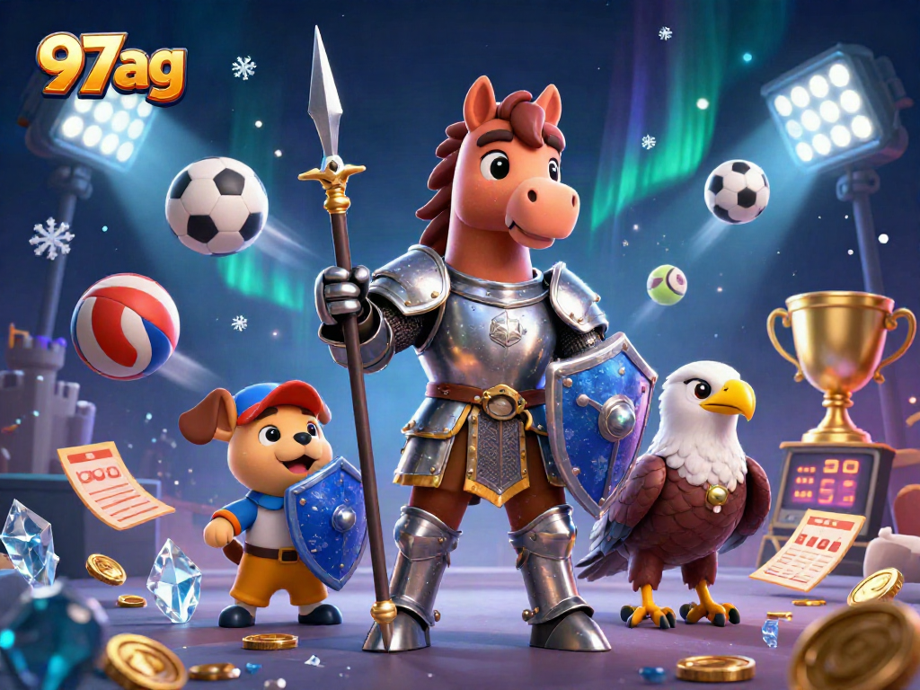 Betting at 97ag: Explore thrilling sports action featuring a knight, puppy, and falcon.